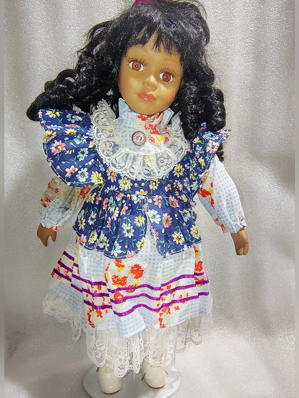 Vintage DanDee ROSE 1-5000 Porcelain Doll Black Hair Floral Dress 16”